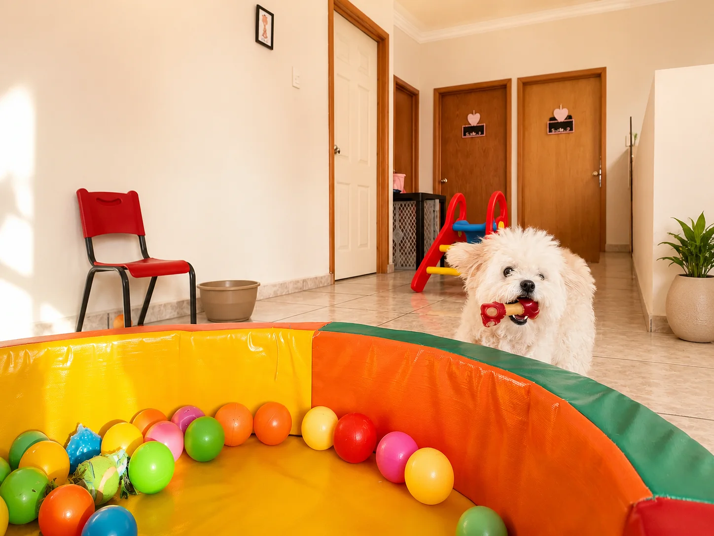 Indoor daycare area with a ball pit and a dog playing.