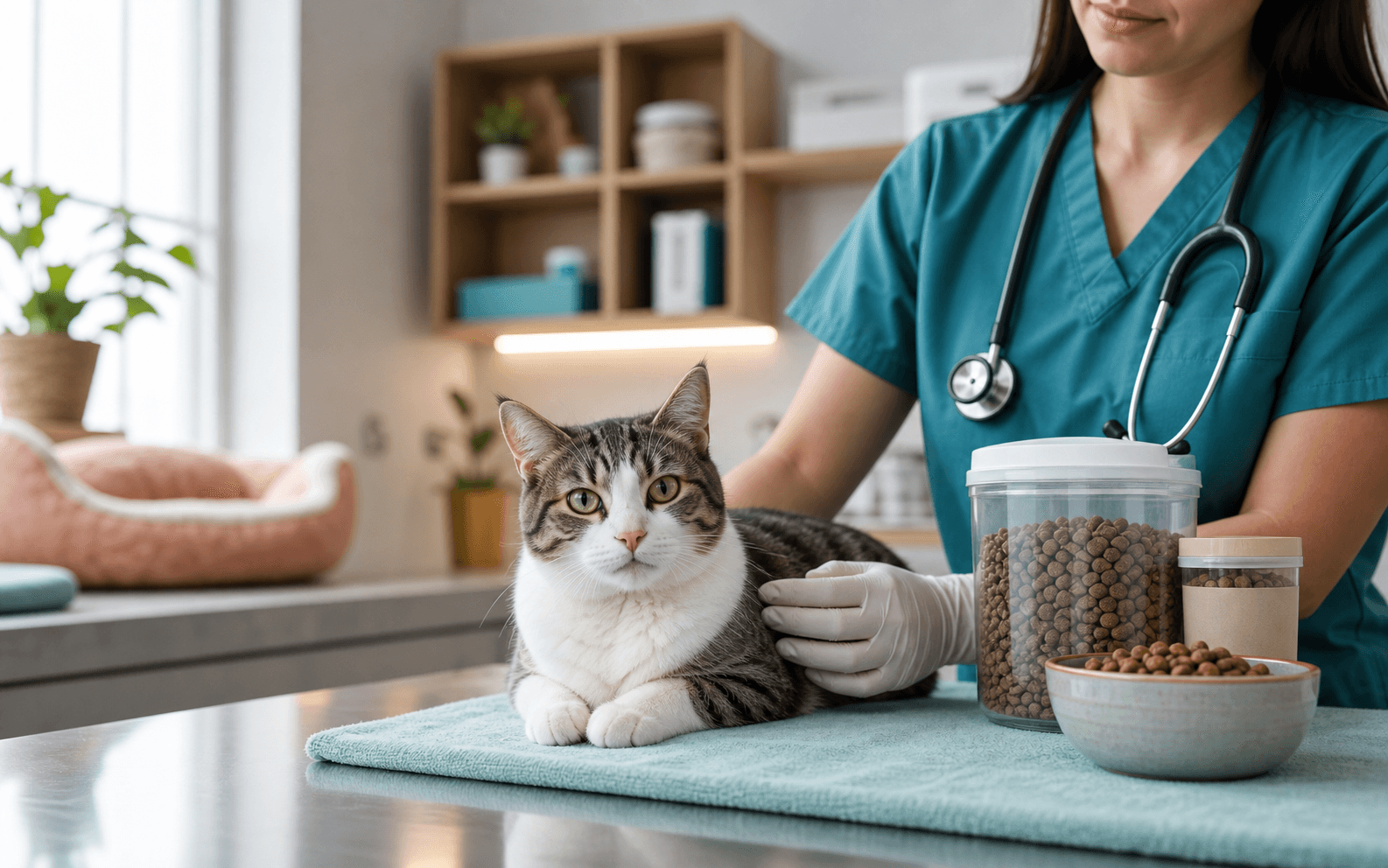 Gato tranquilo en revision veterinaria junto a recipientes genericos de alimento para mascotas.