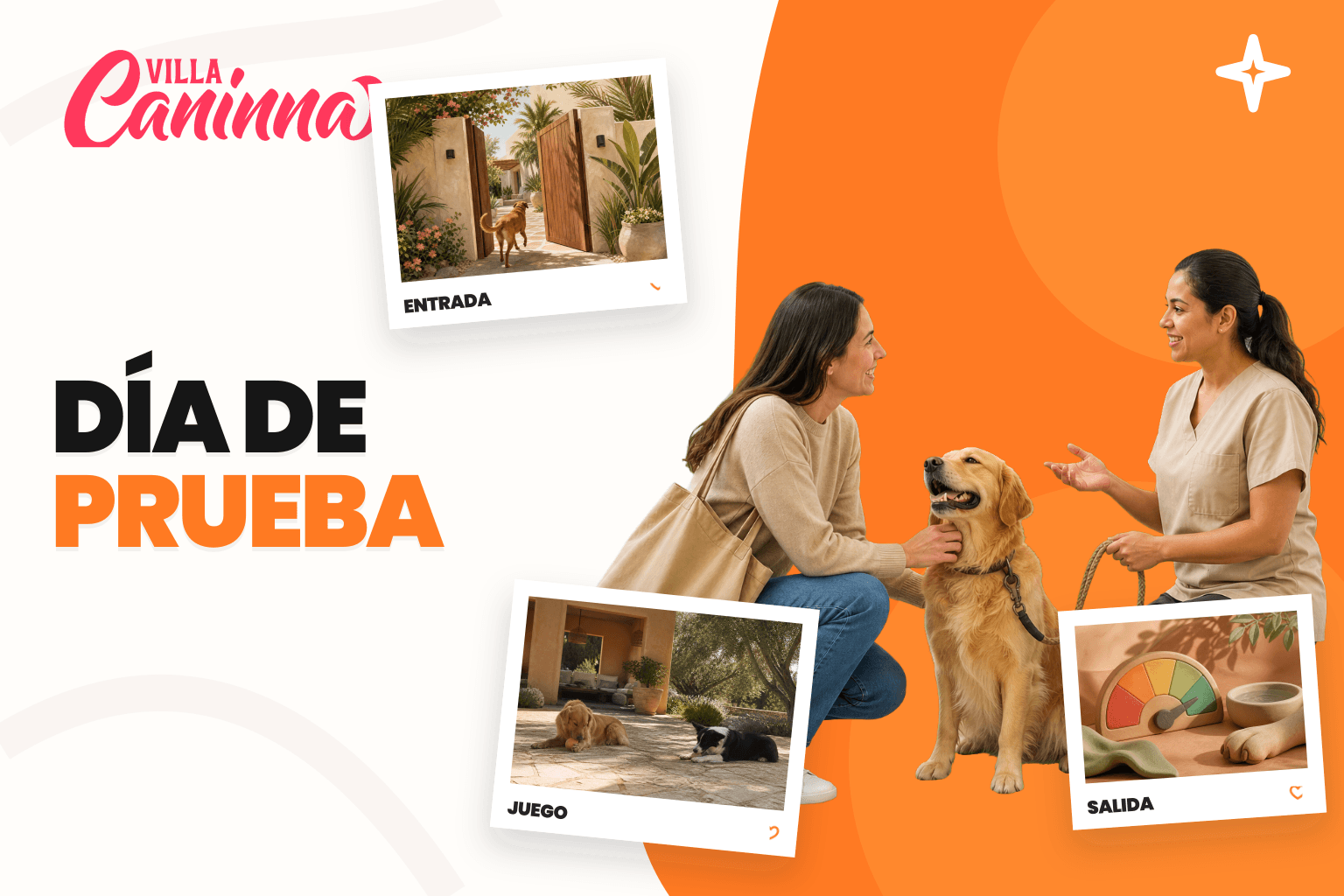 Perro saliendo de guarderia canina despues de un dia de prueba con una cuidadora.