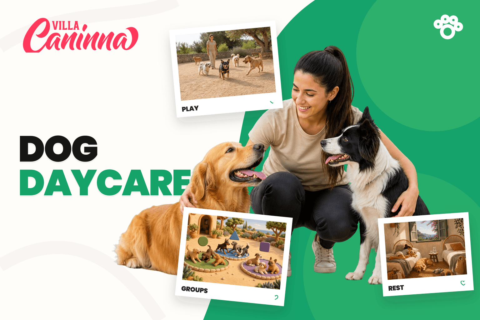 Small group of social dogs in daycare with supervision and rest spaces.