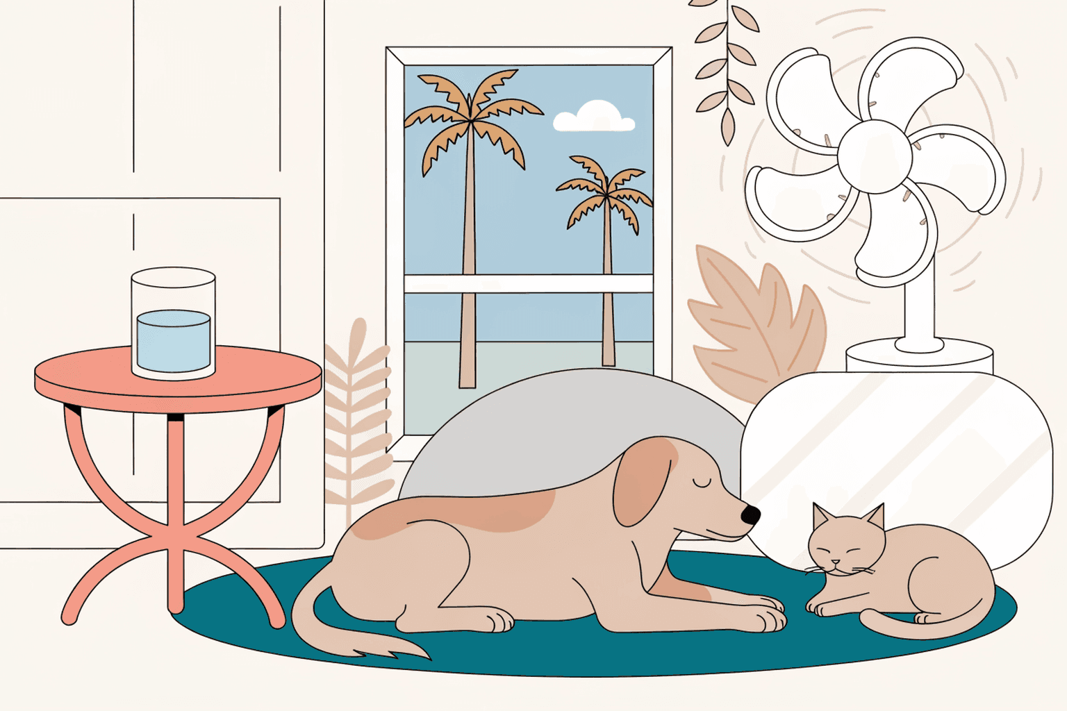 Dog resting in the shade with fresh water while a guardian checks heat-stress signs.