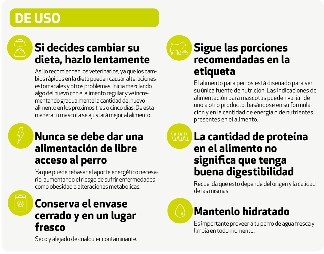 Profeco's original illustrated guidance on reading label portions, keeping packaging closed, and making gradual food changes.