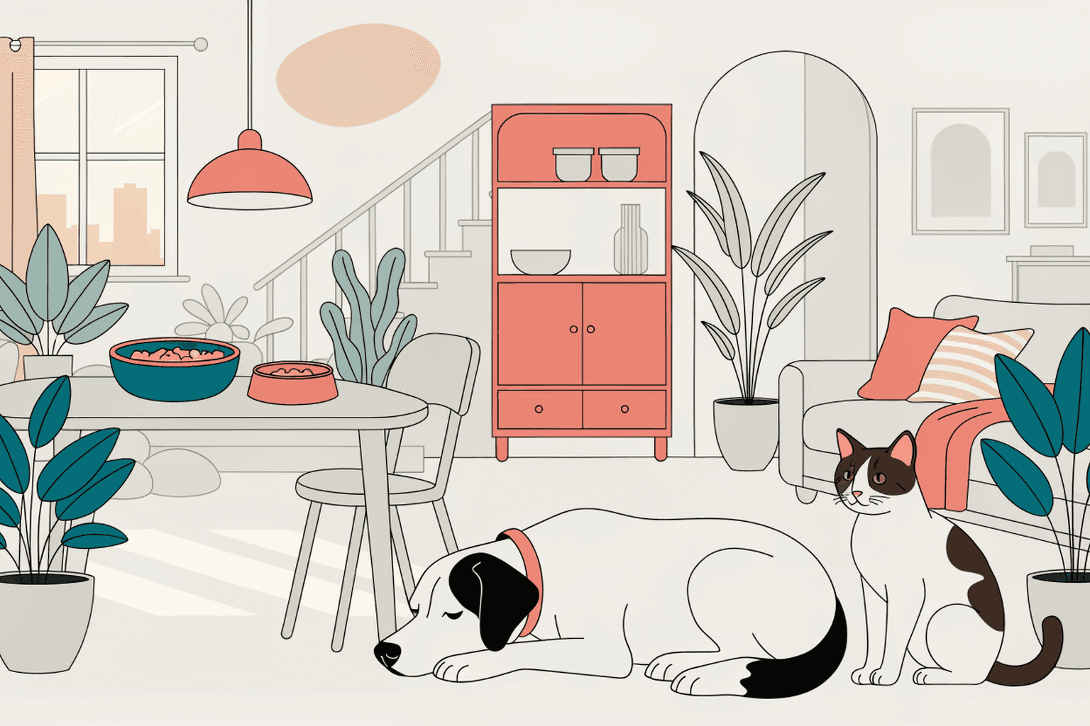 Mexican family organizing a daily care routine for a dog and cat in a bright living room.