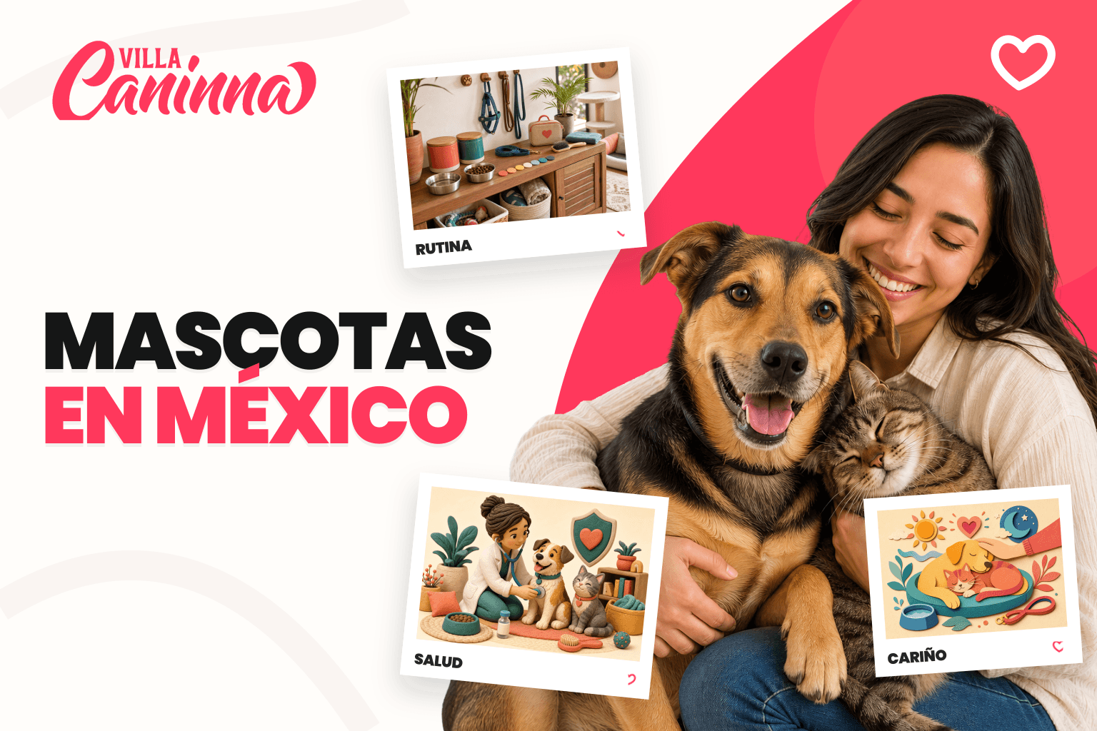 Familia mexicana organizando una rutina de cuidado para perro y gato en una sala luminosa.