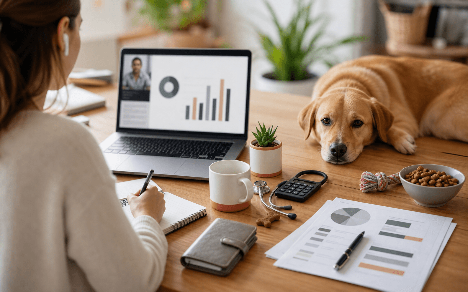 Persona organizando gastos de cuidado de mascota en una mesa mientras un perro descansa cerca.