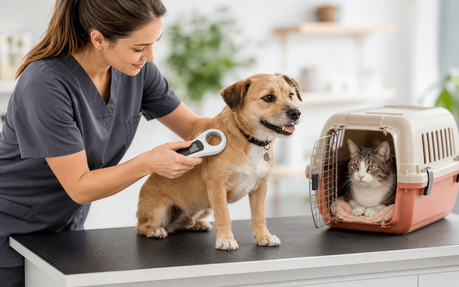 Profesional escaneando de forma cuidadosa a un perro mientras un gato espera en transportadora.