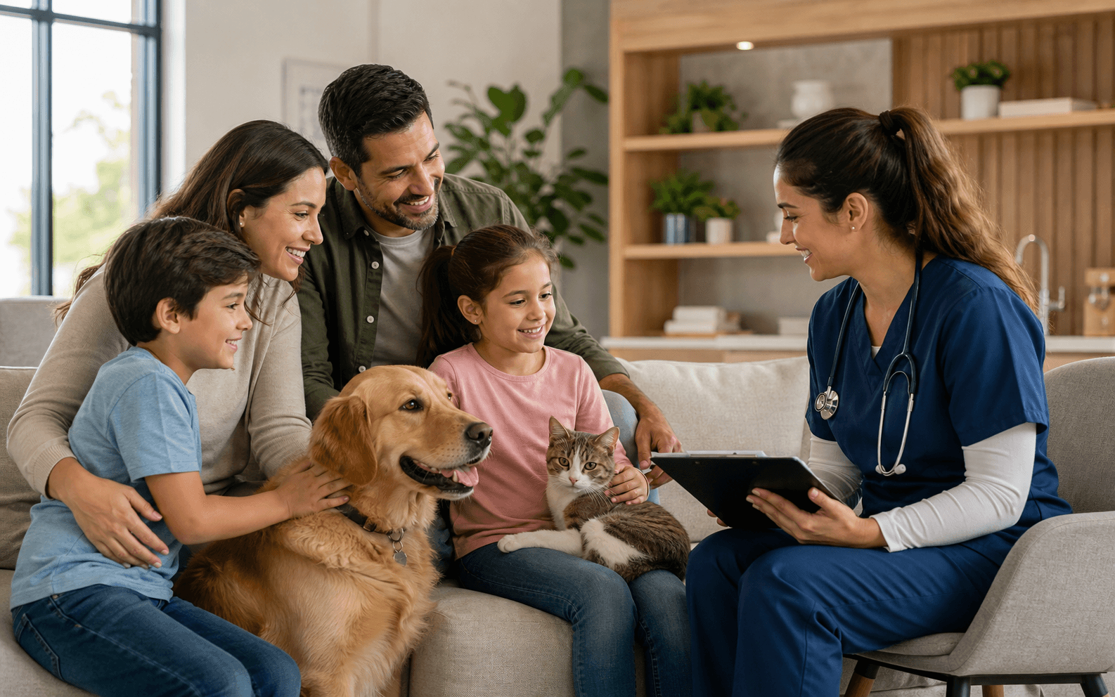 Familia con perro y gato conversando con una veterinaria en una sala calida de bienestar animal.