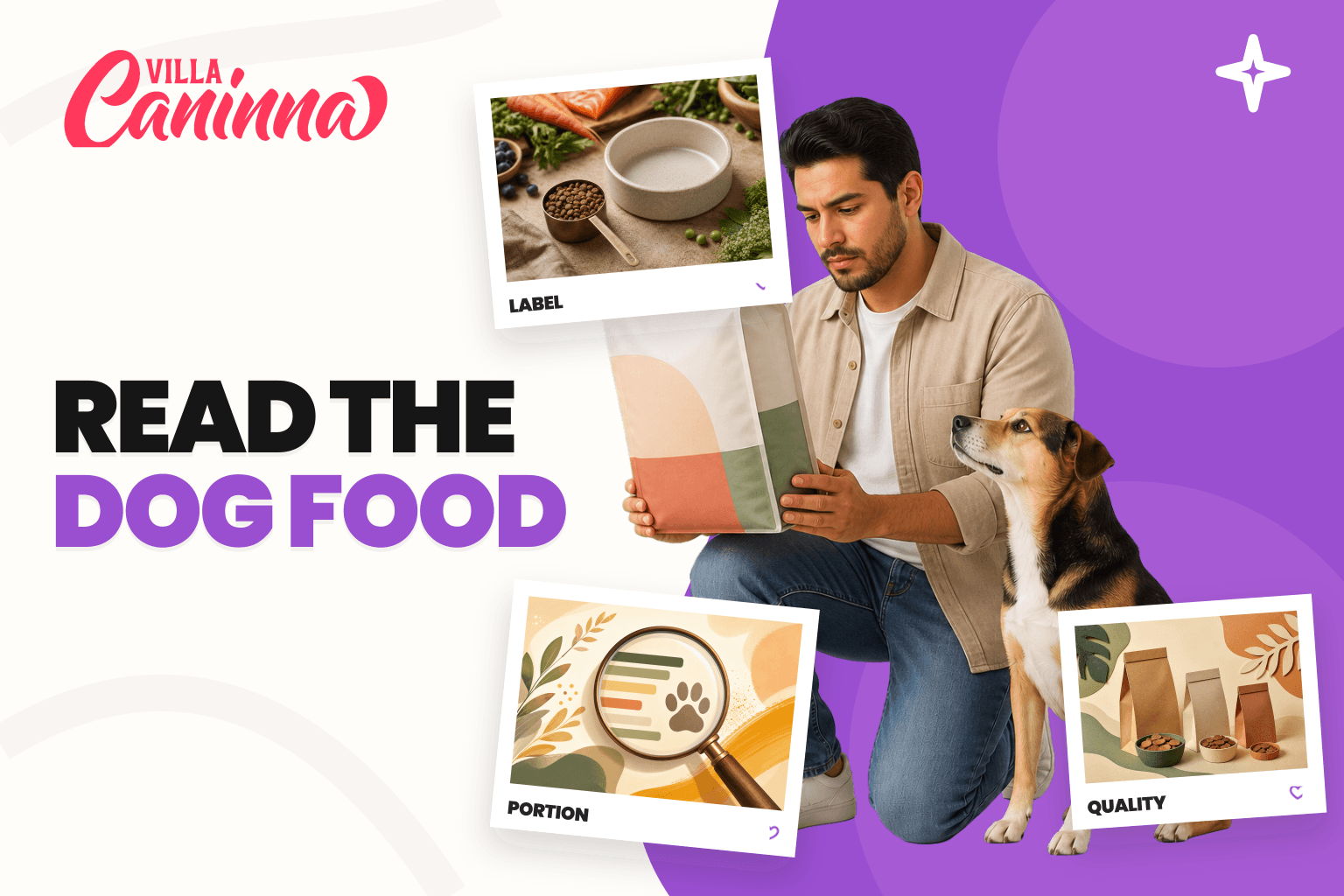 Guardian comparing dog-food labels with a scale and measuring bowl.