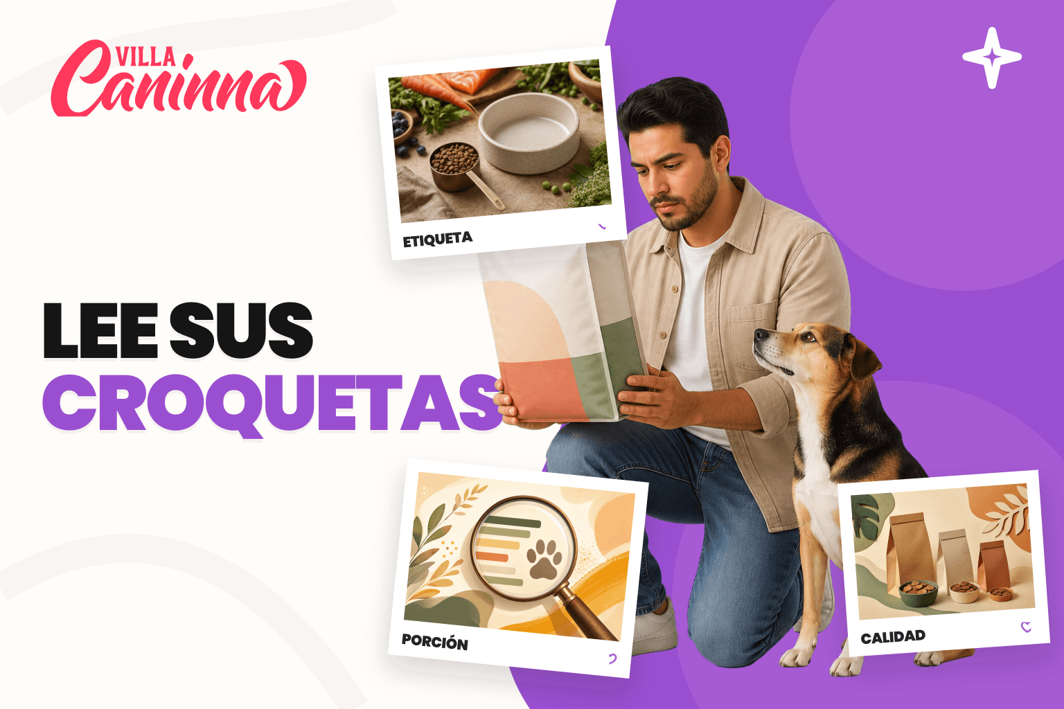 Tutora comparando etiquetas de alimento para perro con una báscula y plato medidor.