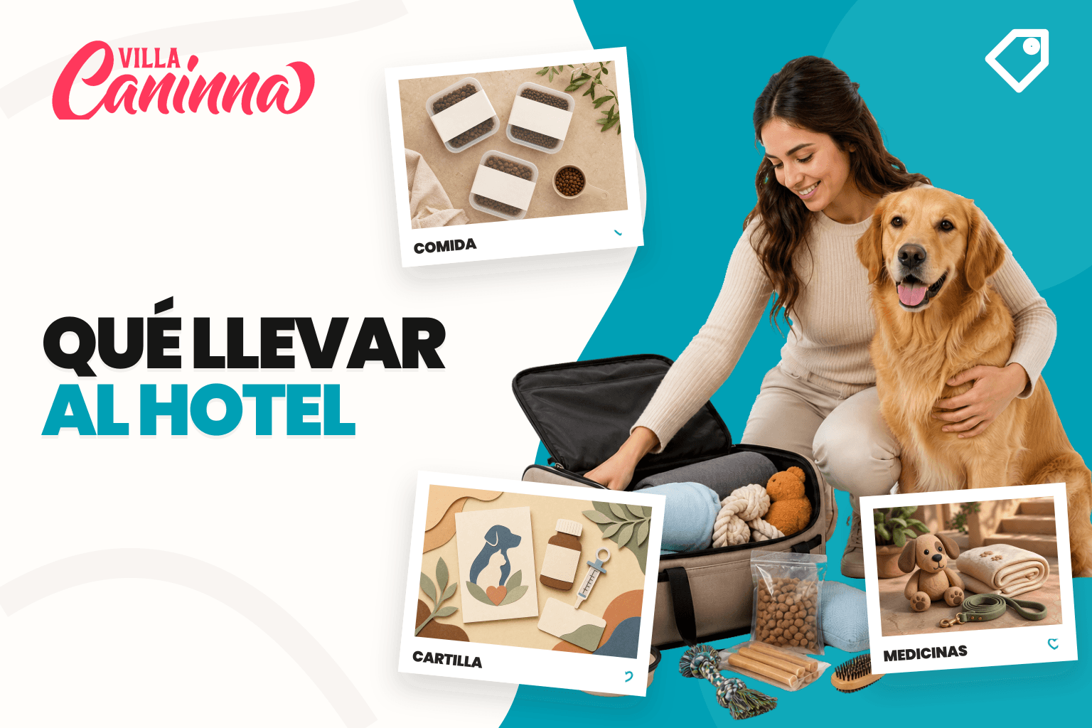 Bolsa preparada para hotel canino con alimento medido, cartilla, correa y medicamentos etiquetados.