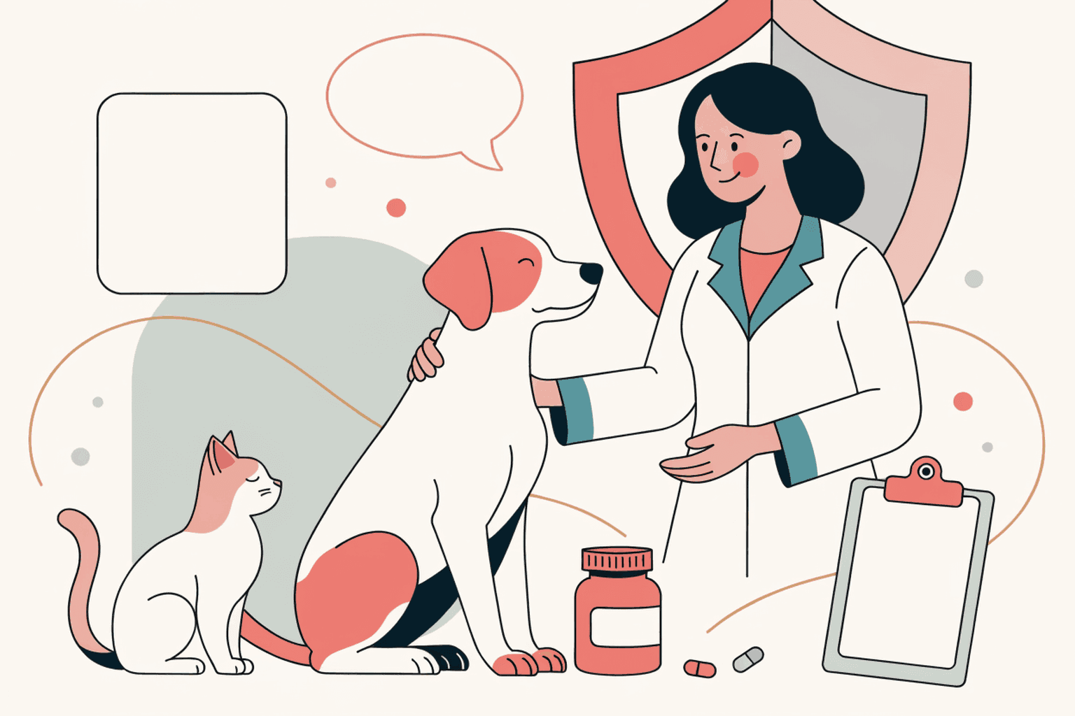Calm dog and cat during a rabies vaccination campaign with a veterinarian.