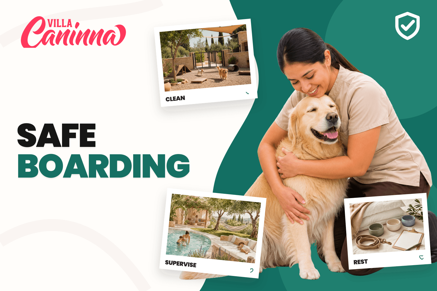 Dogs resting in a clean boarding space while a caregiver reviews an intake checklist.