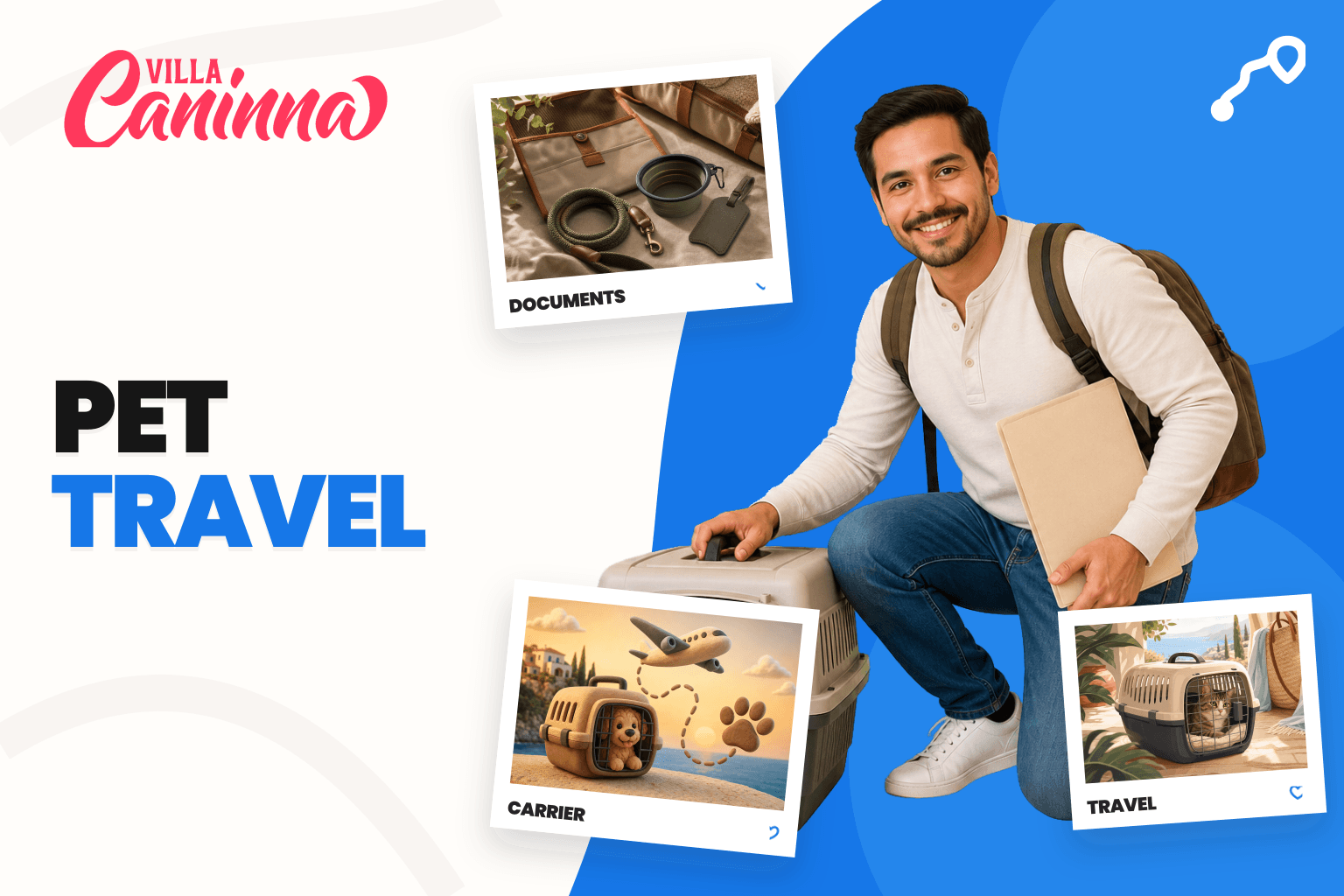 Small dog in a carrier beside travel documents and a suitcase.