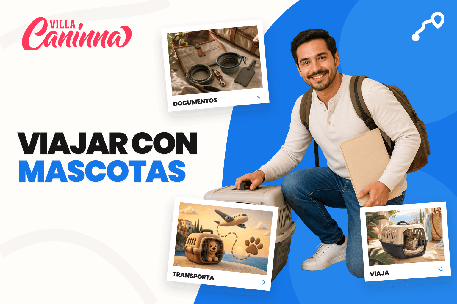 Perro pequeño en transportadora junto a documentos de viaje y una maleta.