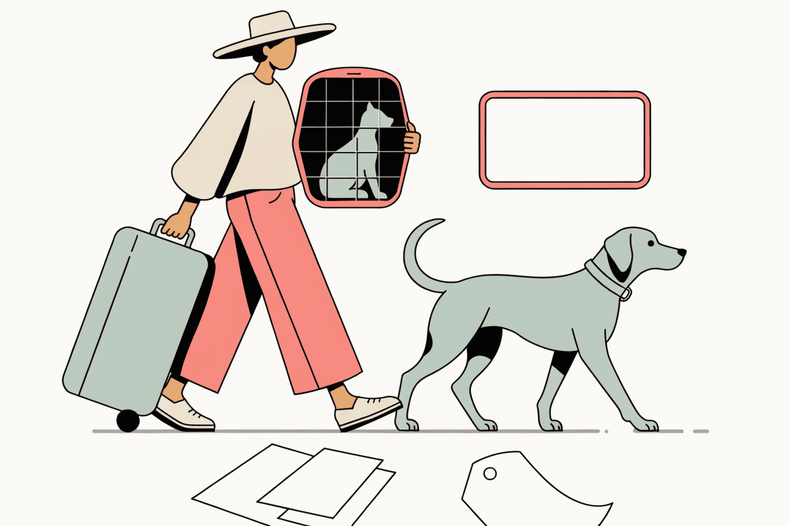 Small dog in a carrier beside travel documents and a suitcase.