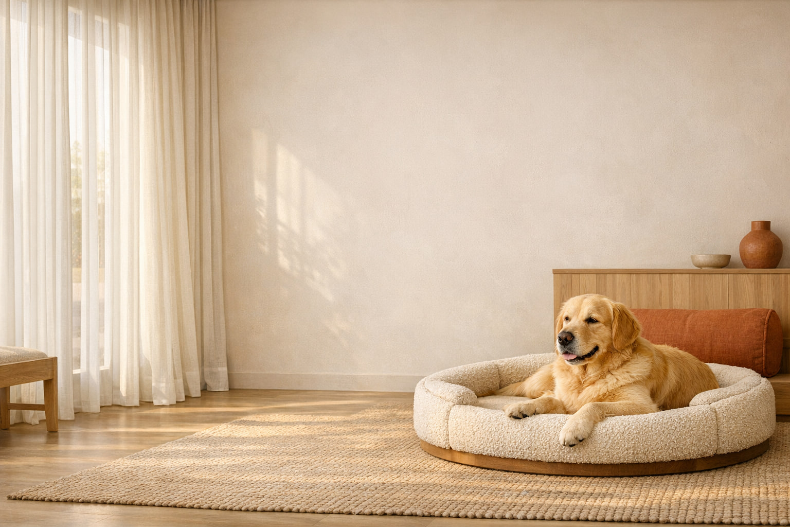Golden retriever descansando en una suite calida de Villa CanInna.