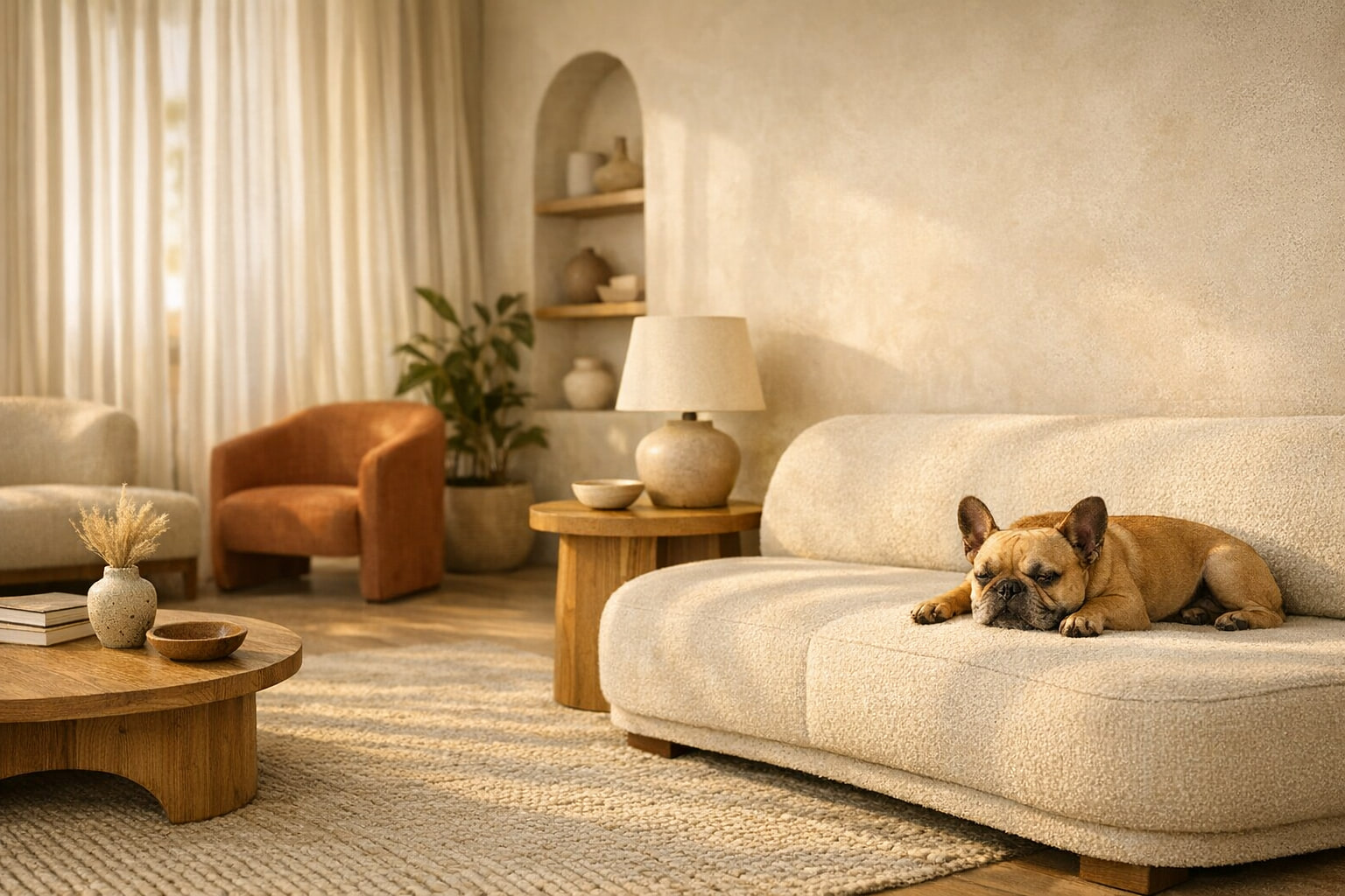 Bulldog frances descansando en una sala serena de Villa CanInna.