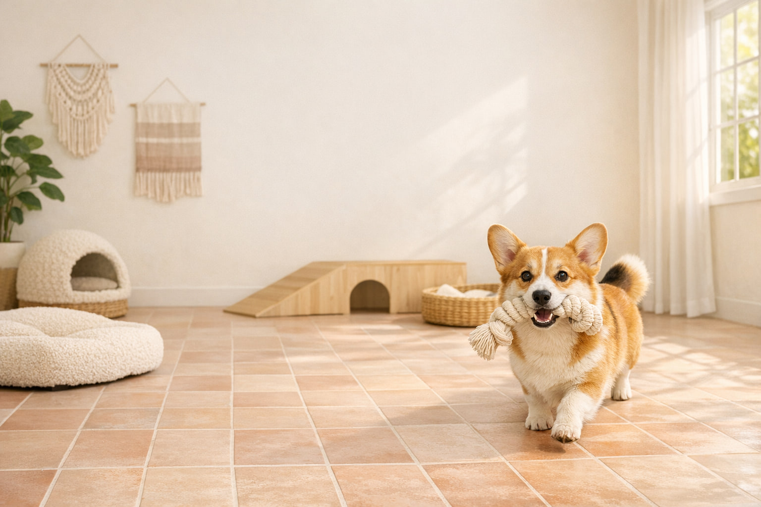 Corgi jugando con un juguete en un espacio luminoso de Villa CanInna.