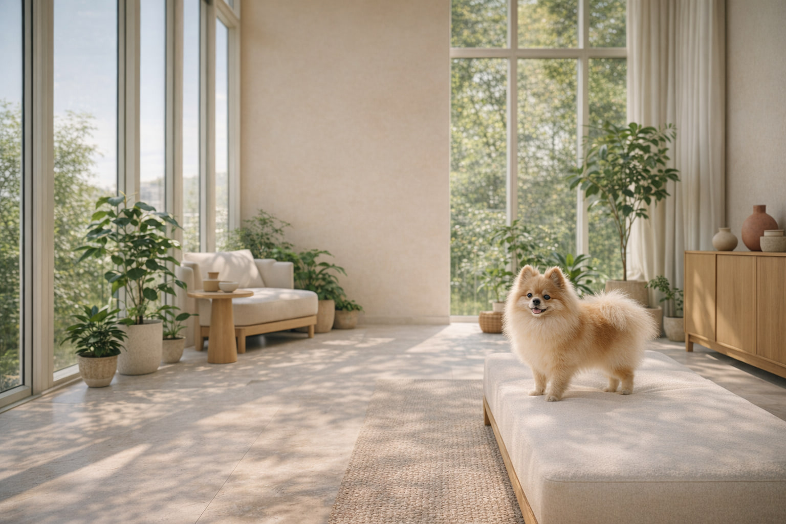 Pomeranian en un conservatorio soleado dentro de Villa CanInna.