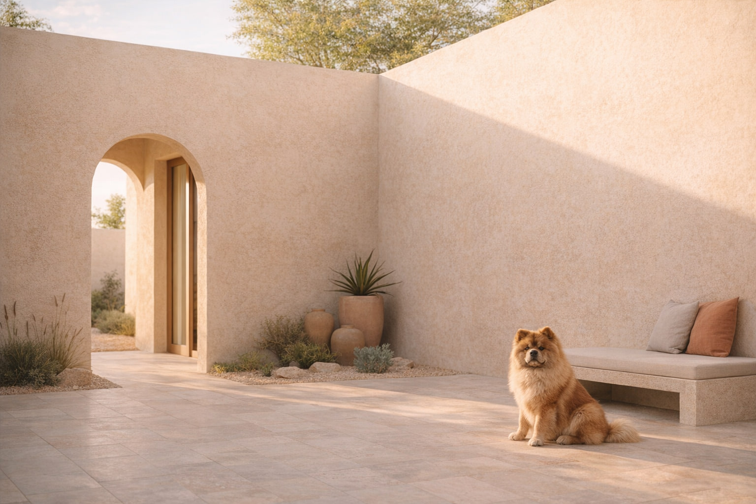Chow Chow en un patio arquitectonico calido de Villa CanInna.