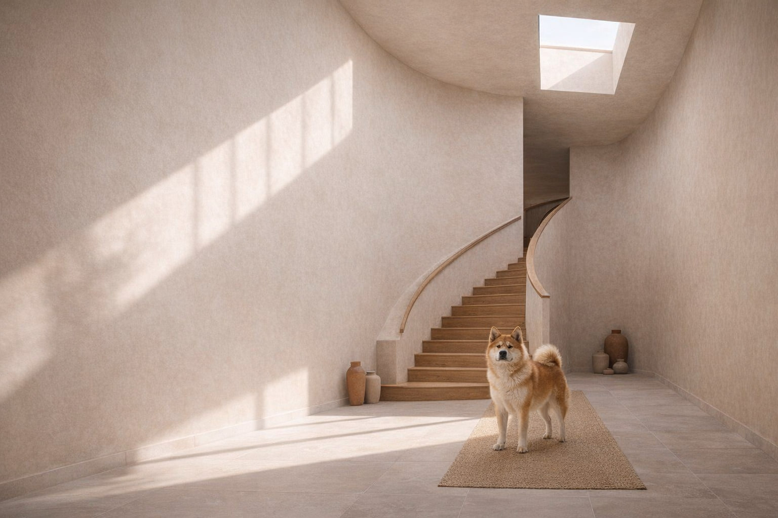 Akita en un interior escultorico con escalera dentro de Villa CanInna.