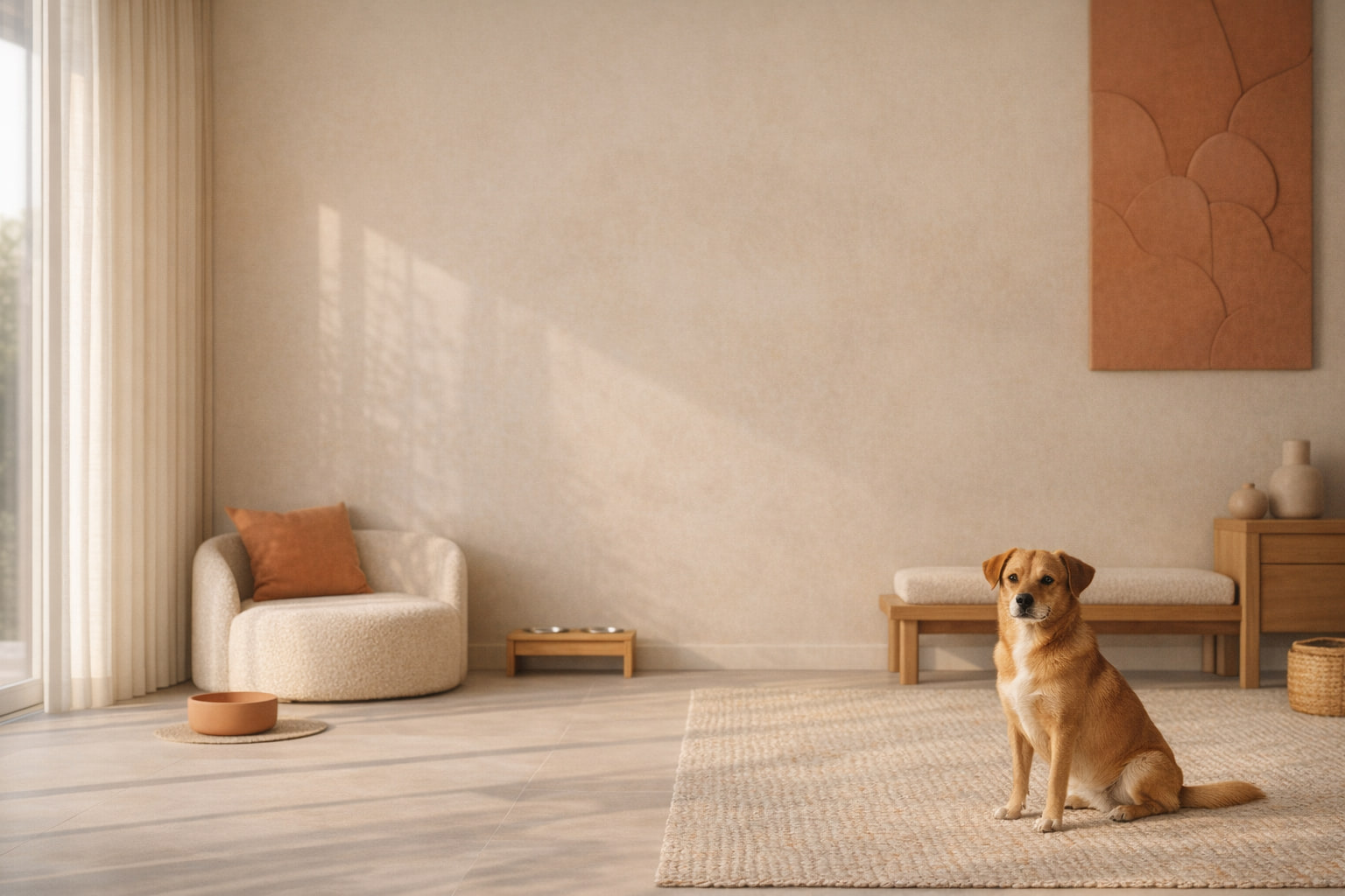 Perrito caramelo descansando en una terraza al atardecer en Villa CanInna.