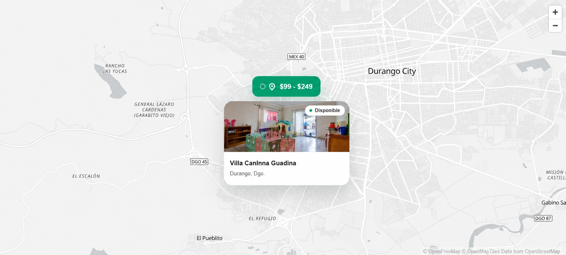 Mapa de Durango con la ubicación de Villa CanInna Guadiana.: Villa CanInna Guadina